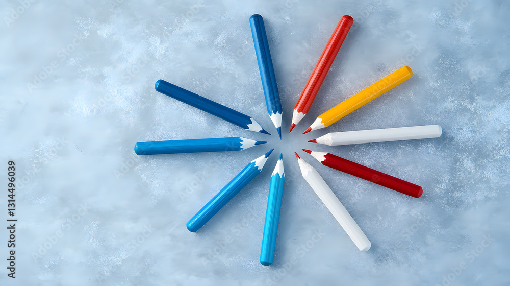 Poster Colorful markers arranged in a circular pattern on a light surface