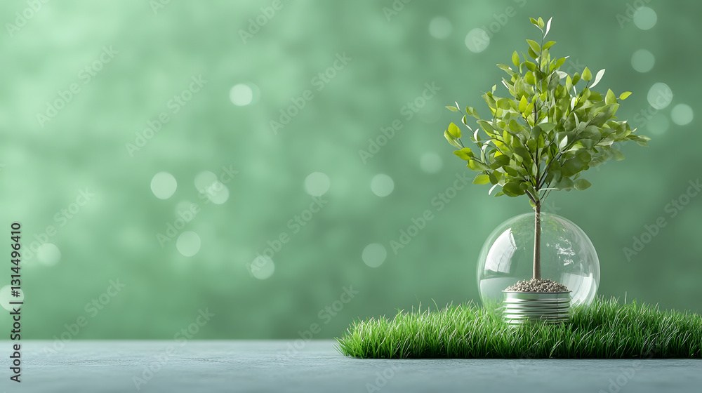 Poster small tree in a glass orb on green grass with a soft background