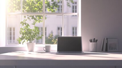 Minimalist workspace with a white desk, sleek laptop, and cup of coffee, bathed in sunlight pouring through a large window, creating long shadows and an inspired, focused atmosphere with clean design