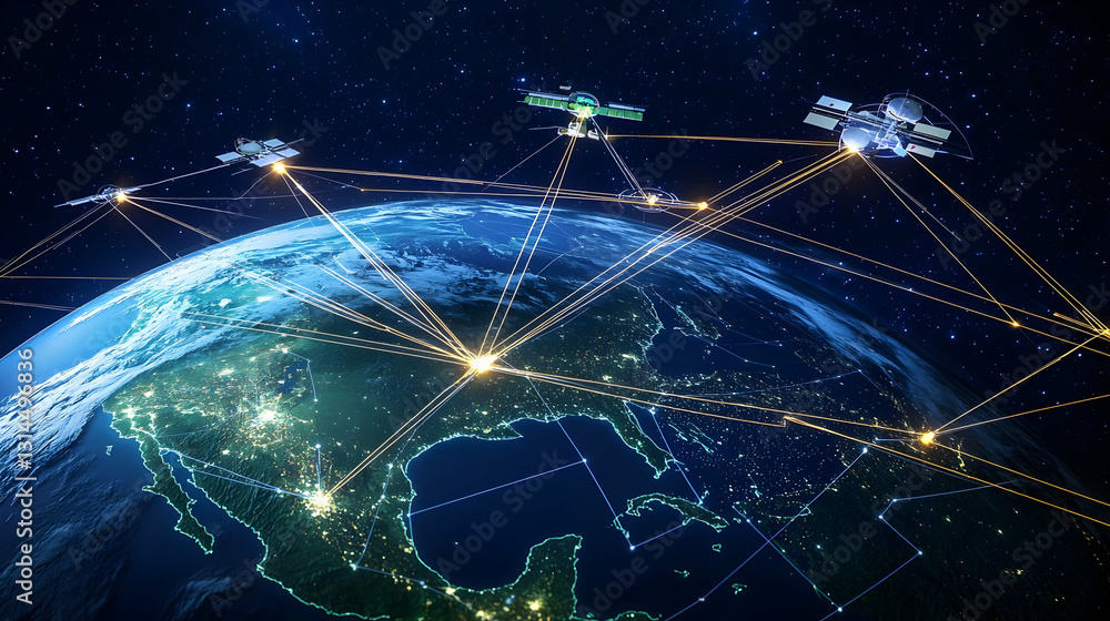 Poster global communication network with satellites orbiting illuminated earth connecting cities with data 