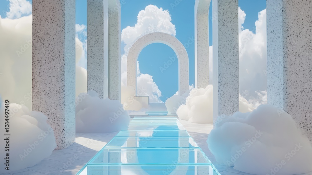 Poster dreamy cloudscape with archways and reflections in a minimalist style