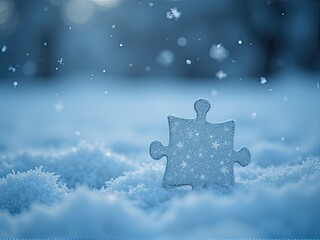 Fototapeta premium World Autism Awareness Day. Frosted Puzzle Piece in a Winter Landscape