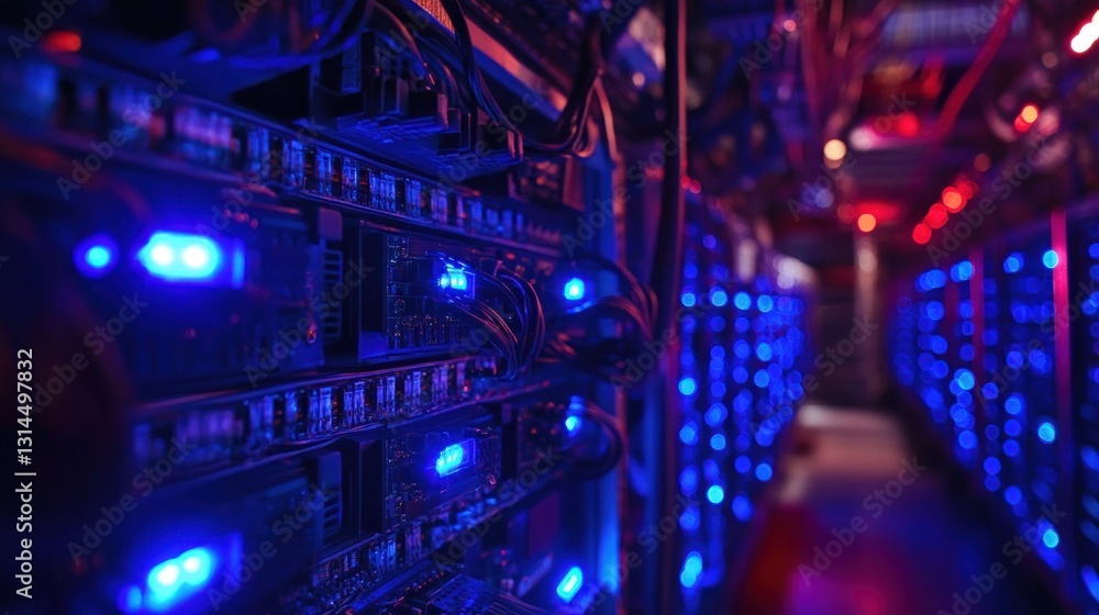Poster server racks illuminated with blue light in a data center