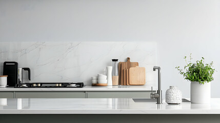 Modern Minimalist Kitchen Interior With White Marble Countertops Green Cabinets And Stainless Steel Appliances In A Bright Airy Space