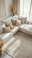 Serene interior featuring a comfortable sectional sofa adorned with plush cushions and a textured rug bathed in natural light creating a cozy and inviting atmosphere