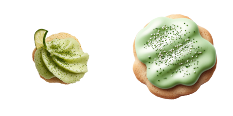 Isolated on transparent background, png, a lime cookie is displayed with vibrant green icing and decorative white icing pattern, resembling a lime slice