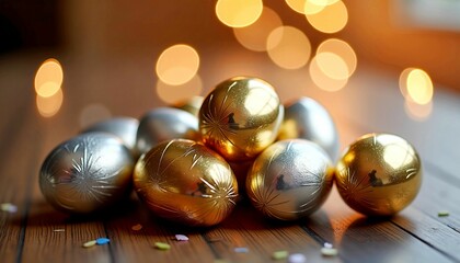 Naklejka premium Golden and Silver Christmas Ornaments with Soft Bokeh