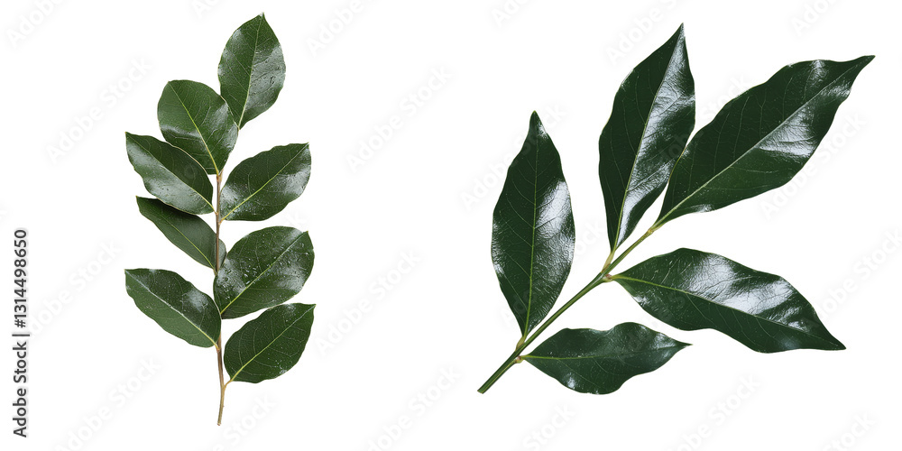Poster The image depicts a green branch with multiple leaves and detailed veins, making it suitable for use in botanical designs, nature themes, and herbal concepts, isolated on a transparent background as