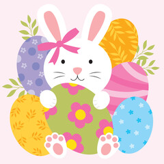 easter greeting card with cute bunny and easter eggs design