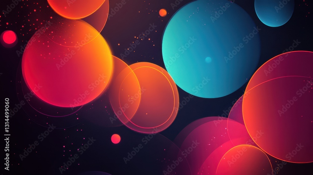 Poster vibrant abstract composition of bubbles on dark background featuring circular forms and dynamic colo