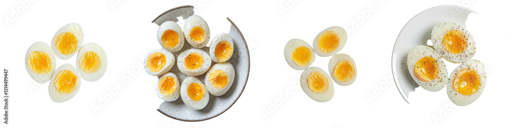 Aufkleber on a white plate, boiled eggs cut in half display their soft and firm yolks, making them a great add