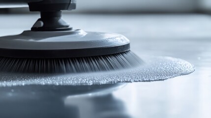 Floor cleaning with scrubber, bubbles on polished surface