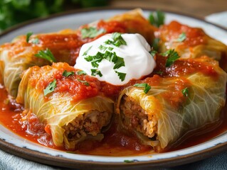 A plate of steaming hot, perfectly wrapped stuffed cabbage rolls filled with a savory mixture of meat and rice, topped with a rich tomato sauce. 