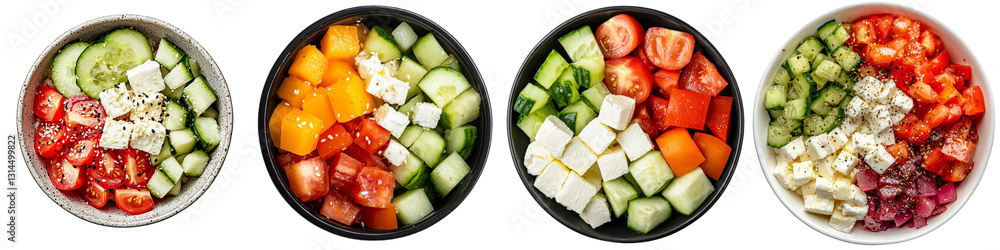 Poster a colorful arrangement of salmon, beef, cheese, and cucumber cubes in a bowl is set against a transp