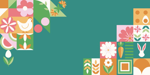 Wielkanocny zielony baner z mozaiką z świątecznymi symbolami. Wiosenny geometryczny wz&oacute;r z kr&oacute;likiem, jajkami i kwiatami.
