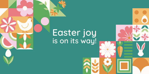 Wielkanocny baner z życzeniami i mozaiką z świątecznymi symbolami. Wiosenny geometryczny wzór z królikiem, jajkami i kwiatami. © Monika