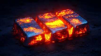 Molten metal bars glow dark surface