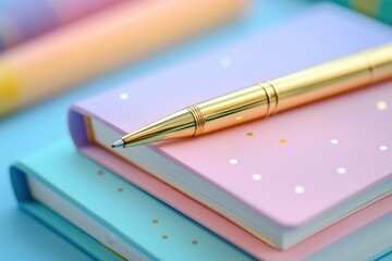 Golden Pen Resting on Pastel Notebooks Stacked in Soft Light Capturing a Creative and Organized Workspace with a Focus on Stationery and Writing