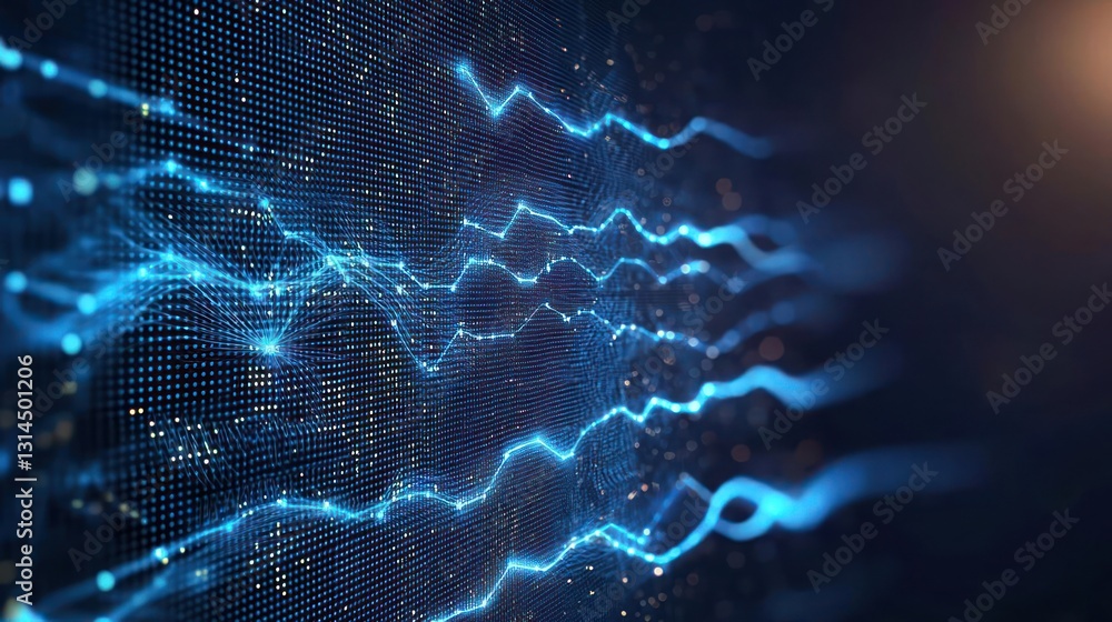 Poster abstract digital waveform pattern in blue with glowing points on dark background technology concept