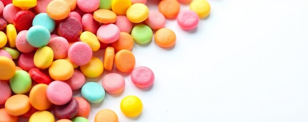 Obraz premium Colorful assortment of candy pieces on a white background, treats, sugar