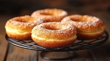 Delicious glazed donuts dusted with powdered sugar on a black wire rack.