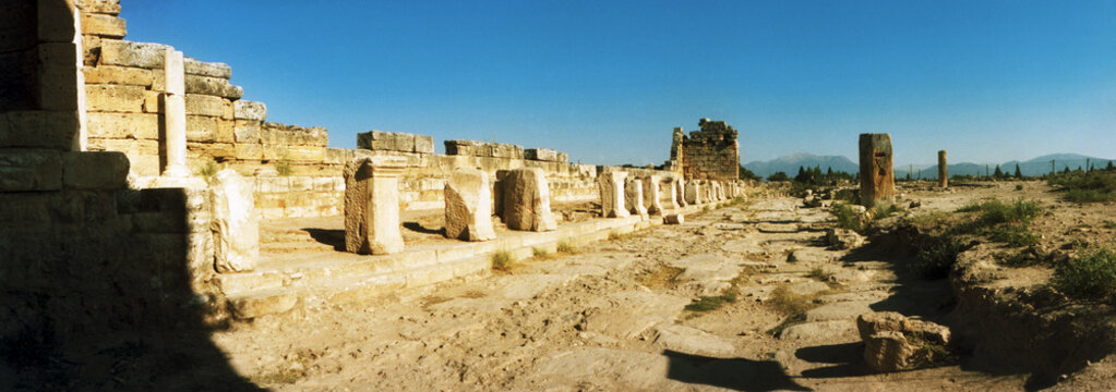 Panoramic view of ruins of the Roman town of Hierapolis at Pamukkale, Anatolia, Central Anatolia Region, Turkey.