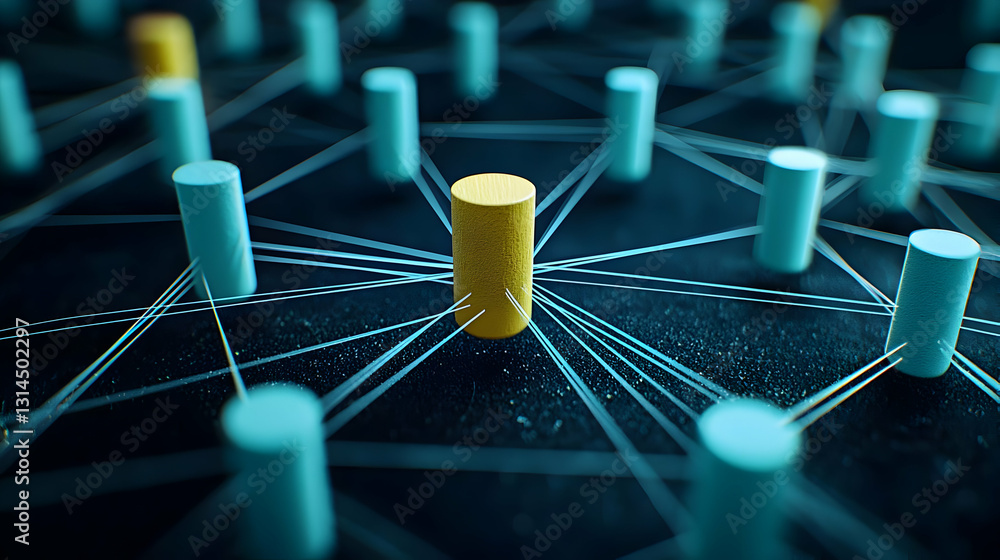 Aufkleber a central golden node connected to a network of teal cylinders by white lines on a dark blue backgro