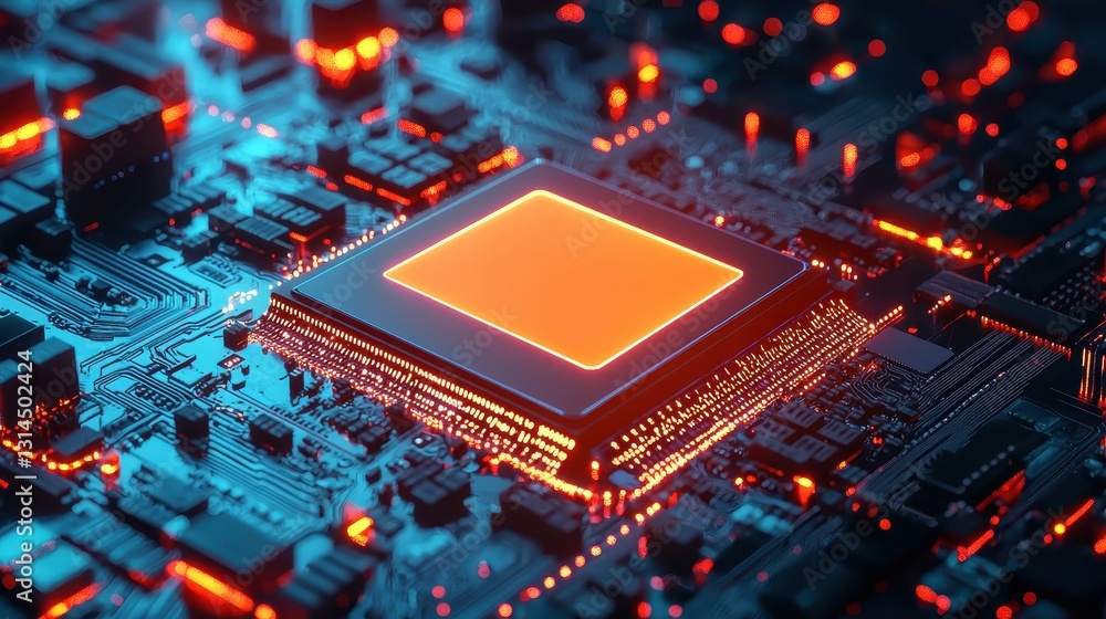 Poster abstract digital circuit board with glowing orange processor chip