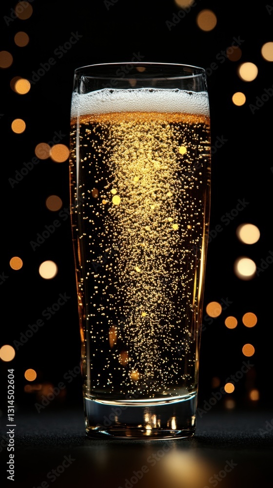 Aufkleber refreshing golden beer in tall glass with effervescent bubbles against a dark background and bokeh l