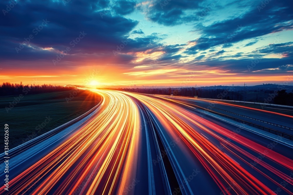 Poster dynamic highway at sunset with blurred car lights creating a sense of speed and motion under a drama
