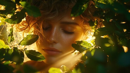 Woman in sunlit foliage; peaceful, natural portrait; outdoor setting