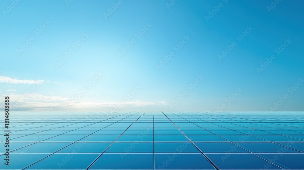 Poster serene azure sky meeting reflective grid surface creating a minimalist futuristic vista of tranquili