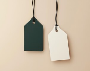 Blank price tags, black and white, hanging, beige background