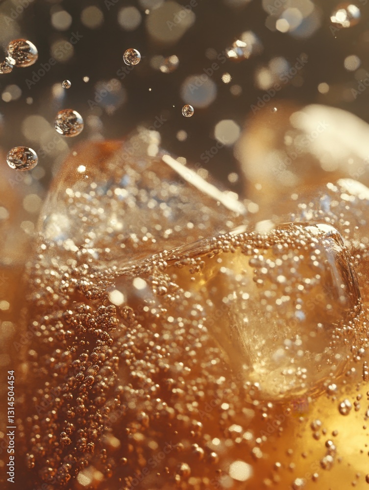 Poster refreshing closeup of ice cubes in fizzy cola drink with bubbles and condensation on dark background