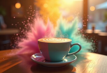 Fototapeta premium vibrant splash backdrop featuring steaming coffee cup engaging lively colors, aroma, beverage, caffeinated, caffeine, delicious, design, energy, espresso
