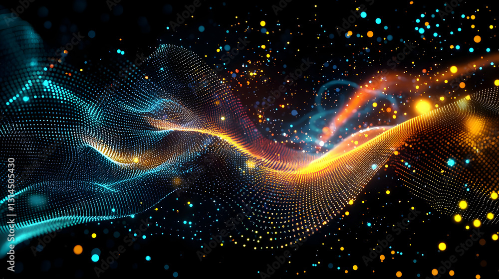 Poster dynamic abstract background with flowing blue and orange particles on a black background
