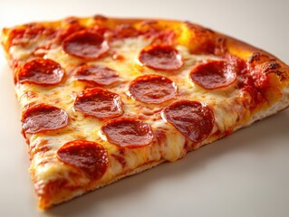 Delicious pepperoni pizza slice with melted cheese and vibrant red sauce on a clean white surface appetizing food photography