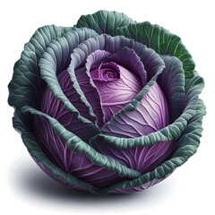 Fototapeta premium A stylized purple cabbage, its leaves layered and textured, is rendered against a clean white backdrop