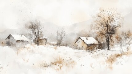 Tranquil Winter Landscape with Snowy Cottages and Soft Light
