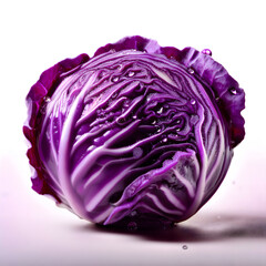 Obraz premium A vibrant red cabbage, adorned with water droplets, sits centered against a soft, gradient background