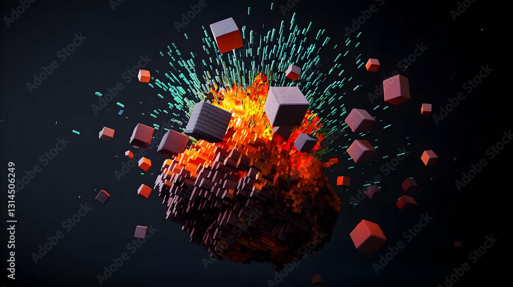 Poster 3d voxel explosion of colorful cubes on dark background