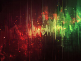 an abstract digital visualization reminiscent of a financial market chart, audio waves, or histogram data.  