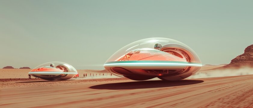 Futuristic hovercrafts racing across a desert landscape, showcasing innovative design and advanced technology.