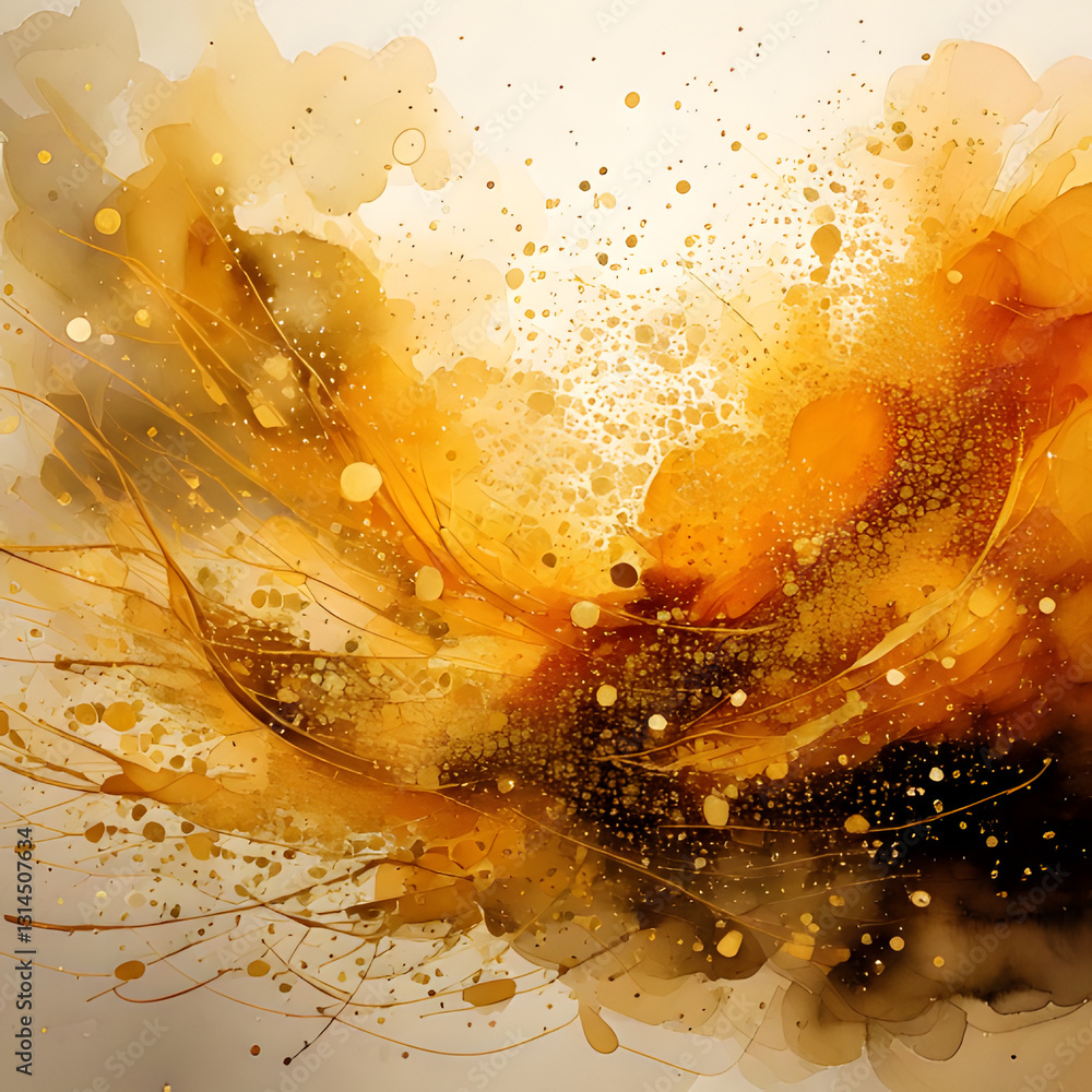 Poster golden hues explode in a swirl of abstract splatters and shimmering light
