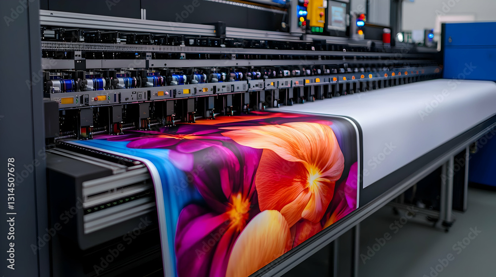 Poster vibrant floral fabric being printed on a large format digital printing machine in a modern industria