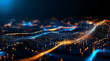 Abstract Digital Network Background with Blue and Orange Glowing Light Data Connection Structure and Artificial Intelligence Concept