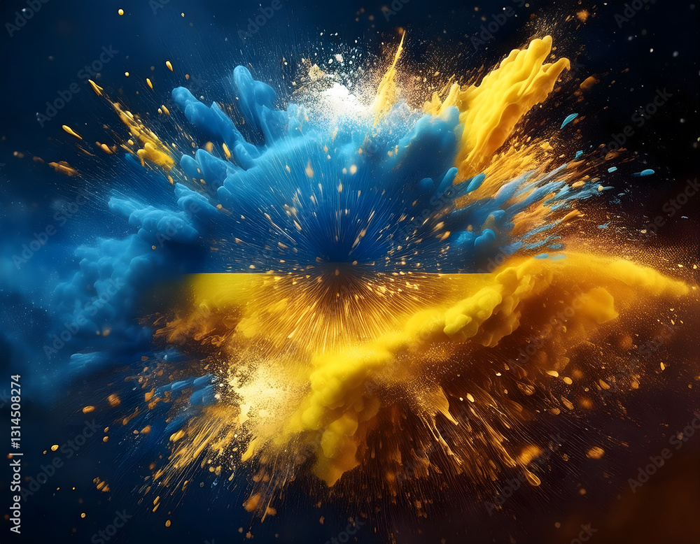 Poster explosive burst of yellow and blue powder, creating a dynamic and abstract composition against a dar