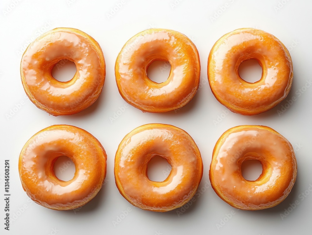Poster six glazed doughnuts arranged symmetrically on a white surface creating a visually appealing pattern