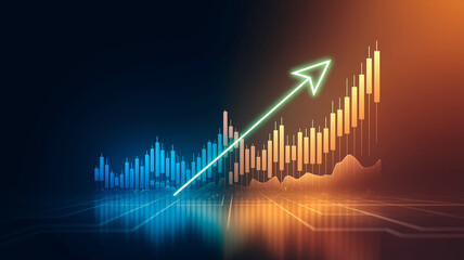 Abstract glowing candlestick chart with upward arrow, showcasing growth, progress, and positive financial trends, ideal for business or finance concepts