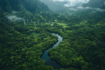The aerial image depicts a row of white windmills standing on green land, disappearing into the horizon